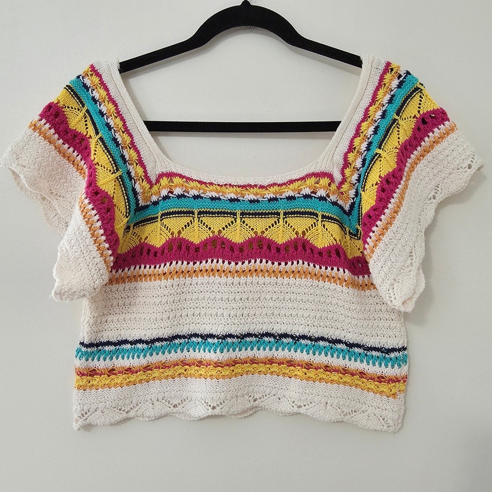 POL Crochet Top Sz S Cropped Open Knit Flutter‎ Boho Cottagecore Hippie Granny - Picture 6 of 13